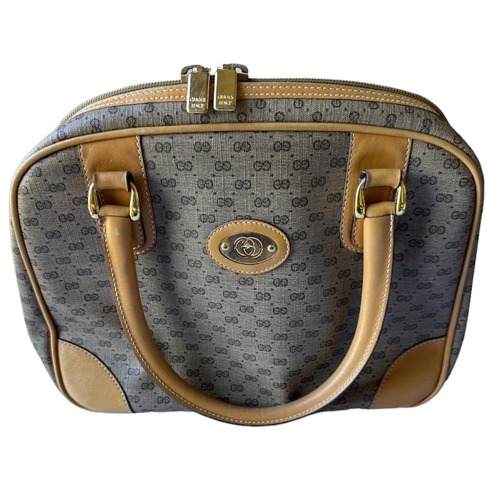 Gucci Vintage Monogram Canvas Boston Bag with Tan Leather Trim